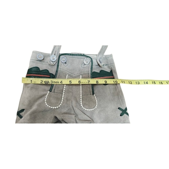 80s Leather Lederhosen Brown/Grey with Green and Red Leather Piping Details - Picture 9 of 11